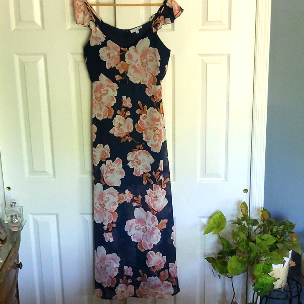 Floral chiffon maxi dress with ruffles on straps, size medium
